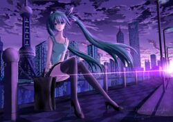  aqua_hair bad_id bad_pixiv_id bag blue_eyes building chains city city_lights cityscape cloud female hair_ribbon hatsune_miku high_heels jinmao_tower langjiao long_hair oriental_pearl_tower railing real_world_location ribbon shanghai shanghai_world_financial_center shoes sitting skirt sky skyscraper solo thighhighs twintails very_long_hair vocaloid 