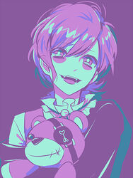  1boy bags_under_eyes diabolik_lovers eyepatch fangs laughing looking_at_viewer monochrome purple_background purple_eyes purple_hair sakamaki_kanato simple_background smile solo stuffed_animal stuffed_toy teddy_(diabolik_lovers) teddy_bear 