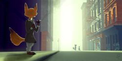  2017 2:1 4_fingers ambiguous_gender anthro canid canine city clothed clothing disney fingers fire_escape fox fur group j-cay jacket mammal nick_wilde road sidewalk signature silhouette standing street topwear traffic_light zootopia 