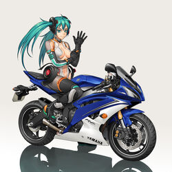  39 abs alternate_costume bang-you bodysuit breasts center_opening commentary_request company_connection dressing female gloves green_hair hatsune_miku hatsune_miku_(append) highres long_hair medium_breasts motor_vehicle motorcycle on_motorcycle smile solo twintails vocaloid vocaloid_append yamaha 