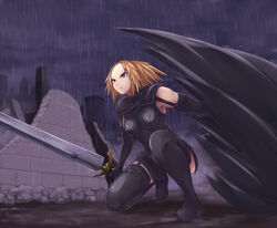  blonde_hair cape claymore_(series) cloak commentary_request coupe50 female miria_(claymore) rain solo sword thighhighs weapon 