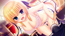  ahoge black_thighhighs blonde_hair blue_eyes blush bra breasts cleavage curtains dutch_angle female game_cg hair_ribbon highres large_breasts leaning_forward long_hair looking_at_viewer open_mouth panties pink_bra pink_panties ribbon sakuragi_roofolet_ashe skirt solo thighhighs twintails underwear undressing utsunomiya_tsumire wagamama_high_spec window 