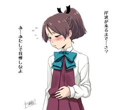  alternate_costume artist_logo blush brown_eyes brown_hair commentary cosplay cowboy_shot dress female flying_sweatdrops halterneck hand_on_own_stomach kantai_collection kishinami_(kancolle) kishinami_(kancolle)_(cosplay) long_sleeves looking_to_the_side minazuki_tsuyuha parted_lips pleated_dress ponytail pun purple_dress school_uniform shikinami_(kancolle) shirt short_hair simple_background solo translation_request upper_body white_background white_shirt 