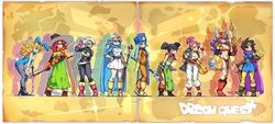  6+girls animal_ears aqua_hair armor bikini_armor bodystocking breasts cape cleavage commentary_request dagger dark-skinned_female dark_skin dragon_quest dragon_quest_iii everyone fighter_(dq3) gauntlets habit hat helmet heroine_(dq3) jester_(dq3) knife large_breasts leotard mage_(dq3) medium_breasts merchant_(dq3) multiple_girls nun pantyhose pelvic_curtain playboy_bunny priest_(dq3) rabbit_ears roto_(dq3) sage_(dq3) shield shirosu slime_(dragon_quest) smile soldier_(dq3) staff sword thief_(dq3) tiara toned weapon winged_helmet witch_hat 