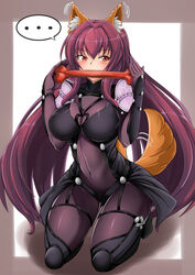  ... absurdres animal_ears armor bodysuit bone breasts commentary covered_navel fate/grand_order fate_(series) female fox_ears fox_tail highres large_breasts long_hair pauldrons purple_bodysuit purple_hair red_eyes scathach_(fate) shoulder_armor spoken_ellipsis tail virusotaku 