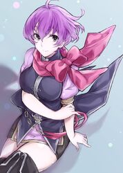  aiueo1234853 bad_id bad_twitter_id closed_mouth commentary cowboy_shot dress female fire_emblem fire_emblem:_new_mystery_of_the_emblem grey_eyes highres katarina_(fire_emblem) purple_hair red_scarf scarf short_dress short_hair short_sleeves smile solo thighhighs zettai_ryouiki 