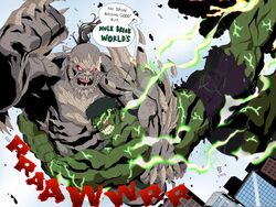  battle black_hair blood blue_sky city commentary crossover dc_comics doomsday_(dc) english english_commentary giant glowing glowing_eyes green_eyes green_skin grey_skin henil031 hulk male_focus marvel monster multiple_boys muscle non-anime_related red_eyes sky speech_bubble spikes western_comics 