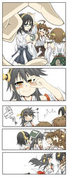  4girls balancing_on_head bare_shoulders black_hair blush book brown_hair commentary_request cup detached_sleeves glasses hachiman_(douno) hair_ornament hairband hand_up haruna_(kancolle) headgear hiei_(kancolle) highres hitting holding holding_book holding_hands japanese_clothes kantai_collection kirishima_(kancolle) kongou_(kancolle) long_hair looking_back multiple_girls nontraditional_miko object_on_head open_mouth sarashi skirt teacup tears tray wiping_tears 