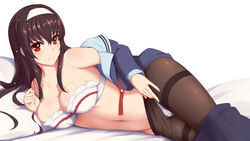  bad_id bad_pixiv_id black_hair black_pantyhose blush bra breasts cleavage fedsnk female hairband highres kasumigaoka_utaha large_breasts long_hair looking_at_viewer navel open_clothes pantyhose photoshop_(medium) red_eyes saenai_heroine_no_sodatekata school_uniform smile solo thighband_pantyhose underwear 