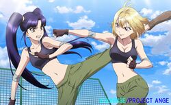  2girls angelise_ikaruga_misurugi antenna_hair armpits bad_link bare_shoulders battle black_sports_bra blonde_hair blunt_bangs breasts cargo_pants chain-link_fence cleavage clenched_hands clenched_teeth cloud collarbone company_name cross_ange crossed_legs day elbow_pads eye_contact fence fighting fighting_stance fingerless_gloves gloves high_kick highres kicking long_hair looking_at_another medium_breasts midriff multiple_girls narrow_waist navel no_shirt official_art orange_eyes outdoors outstretched_arm pants parted_bangs red_eyes salia_(cross_ange) scrunchie short_hair sidelocks sky smile smirk sports_bra spread_legs standing standing_on_one_leg stomach tamura_satomi teeth twintails underwear very_long_hair 