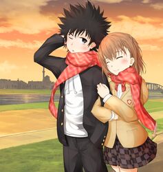  1boy a_certain_high_school_uniform academy_city alternate_eyebrows arm_hug black_hair brown_hair commentary_request couple emblem female gakuran kamijou_touma medium_hair misaka_mikoto mismatched_eyebrows one_eye_closed scarf school_emblem school_uniform shared_clothes shared_scarf shin_(highest1192) short_hair spiked_hair straight toaru_kagaku_no_railgun toaru_majutsu_no_index tokiwadai_school_uniform 