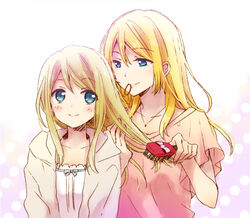  2girls alternate_hairstyle ayase_alisa ayase_eli blonde_hair blouse blue_eyes blush brushing_another&#039;s_hair brushing_hair collarbone commentary_request hair_bobbles hair_brush hair_down hair_ornament jacket jewelry light_smile loungewear love_live! love_live!_school_idol_project mouth_hold multiple_girls necklace open_clothes open_jacket pendant shirt short_sleeves siblings sisters smile upper_body yuzucky 