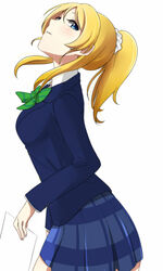  ayase_eli blazer blonde_hair blue_eyes blue_skirt blush bow bowtie commentary_request expressionless female green_bow green_bowtie holding jacket long_sleeves looking_at_viewer love_live! love_live!_school_idol_project michigan otonokizaka_school_uniform paper parted_lips plaid plaid_skirt pleated_skirt ponytail school_uniform scrunchie shaft_look simple_background skirt solo standing white_background white_scrunchie 