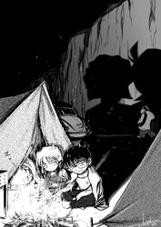  3boys agasa_hiroshi campfire camping cliff edogawa_conan female glasses greyscale haibara_ai highres kojima_genta meitantei_conan monochrome multiple_boys night shadow signature sleeping tent volkswagen_beetle zzz 