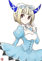  bell_(control) blonde_hair bow c_(control) commentary_request female horns itsukage pointy_ears ribbon short_hair simple_background solo symbol-shaped_pupils 