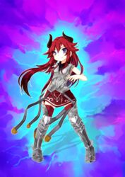  armor blue_eyes borrowed_character erica_(acerailgun) full_body fuyuki_yuki greaves horns long_hair original red_hair sidelocks skirt sleeveless smile solo standing thighhighs very_long_hair zettai_ryouiki 