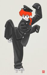  :p artist_request female full_body grey_background lucille ponytail ranma-chan ranma_1/2 red_hair rule_63 saotome_ranma simple_background solo standing standing_on_one_leg tongue tongue_out 