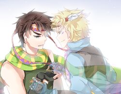  2boys blonde_hair blue_eyes blue_jacket brown_hair caesar_anthonio_zeppeli commentary_request facial_mark feather_hair_ornament feathers fingerless_gloves ghost gloves hair_ornament headband jacket jewelry jojo_no_kimyou_na_bouken joseph_joestar joseph_joestar_(young) multiple_boys ring scarf striped_clothes striped_scarf tears trudy0816 