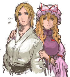  2girls blonde_hair blue_eyes breasts commentary crossover fingernails hat highres inoue_kikuko japanese_clothes kimono large_breasts long_fingernails long_hair metal_gear_(series) metal_gear_solid metal_gear_solid_3:_snake_eater multiple_girls nail_polish nameo_(judgemasterkou) purple_eyes purple_nails smile the_boss touhou voice_actor_connection yakumo_yukari 