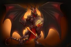  3:2 abstract_background anthro armor black_wings blood bodily_fluids chivalry clothing cracks dragon horn knight male melee_weapon military mythological_creature mythological_scalie mythology red_eyes ripli scalie shield simple_background solo standing sword tail warrior weapon wings 