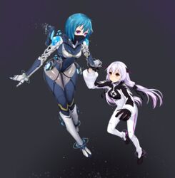  2girls absurdres alpha_(acerailgun) android armor bad_id bad_pixiv_id blue_hair bodysuit borrowed_character breasts cecilia_(acerailgun) clothes_writing floating floating_object gloves grey_background highres holding_hands hologram horns hoshi_usagi large_breasts light_particles light_purple_hair long_hair looking_at_viewer looking_up mask multiple_girls original purple_eyes red_eyes shiny_clothes short_hair simple_background small_breasts smile space spacesuit thrusters twintails zero_gravity 