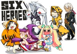  &gt;_&lt; 2girls 4boys arc_system_works armor ass bare_shoulders black_sclera blazblue blonde_hair blush boots breasts cape cape_pull chibi closed_eyes detached_sleeves dress eyepatch facial_hair feline gloves green_hair hair_ribbon hairband hakumen hat high_heels hood hug jubei_(blazblue) konoe_a_mercury large_breasts long_hair mask multiple_boys multiple_girls oerba_yun_fang one_eye_closed open_mouth orange_eyes phantom_(blazblue) pink_hair platinum_the_trinity ponytail quad_tails ribbon sheathed shiny shiny_hair shiny_skin short_dress short_hair sideboob silver_hair skirt smile suit sweatdrop sword tamuhime thighhighs valkenhayn_r_hellsing very_long_hair weapon yellow_eyes yuuki_terumi 