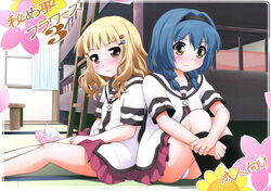  2girls blonde_hair blue_hair blush brown_eyes furutani_himawari goyacchi indoors low_twintails multiple_girls oomuro_sakurako panties school_uniform serafuku sitting twintails underwear yuri yuru_yuri 