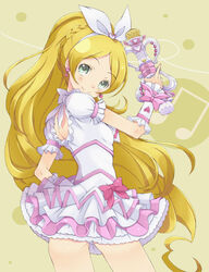  bad_id bad_pixiv_id beamed_eighth_notes blonde_hair bow braid cure_rhythm dress earrings fantastic_belltier female frills green_eyes hair_ribbon hairband hand_on_own_hip heart jewelry kannagi_kaname long_hair looking_back magical_girl minamino_kanade musical_note precure ribbon smile solo suite_precure wand wrist_cuffs yellow_background 