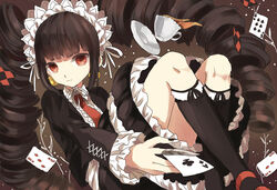  black_hair card celestia_ludenberck danganronpa danganronpa_1 drill_hair female gothic_lolita headdress junekun lolita_fashion red_eyes tea twin_drills 