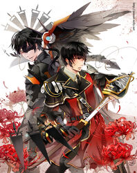  2boys arisu_(nine_avenue) armor bad_id bad_pixiv_id black_armor black_hair blade_master_(elsword) edan_(elsword) elsword flower gloves long_hair male_focus mask multiple_boys necktie photoshop_(medium) ponytail raven_cronwell reckless_fist_(elsword) red_eyes smile sword uniform valak_(elsword) watermark weapon web_address wings yellow_eyes 