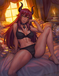  airomed barefoot bed black_bra black_panties borrowed_character bra breasts breasts_apart collar female highres horns indoors large_breasts long_hair looking_at_viewer navel on_bed original panties parted_lips partially_visible_vulva photoshop_(medium) pillow red_hair sitting slit_pupils solo speh spread_legs sweat thighs underwear underwear_only yellow_eyes 