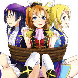  3girls :o arms_behind_back ayase_eli back-to-back blonde_hair blue_eyes blue_hair blush bound commentary_request dancing_stars_on_me! epaulettes girl_sandwich hair_ornament kosaka_honoka looking_at_viewer love_live! love_live!_school_idol_project michigan multiple_girls one_side_up open_mouth orange_hair restrained rope sandwiched short_sleeves simple_background sitting skull_and_crossbones skull_hair_ornament sonoda_umi sweatdrop thighhighs thighs tied_up_(nonsexual) uniform wavy_mouth white_background yellow_eyes zettai_ryouiki 