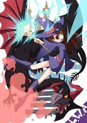  akko_kagari bare_legs brown_hair dragon female fire hat hirayama_(hirayamaniwa) little_witch_academia monster red_eyes staff wings witch witch_hat yellow_eyes 