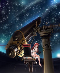  barefoot commentary_request copyright_request female glasses highres long_hair night red_hair sky smile solo star_(sky) star_(symbol) starry_sky tama_(speedgrapher) telescope yellow_eyes 