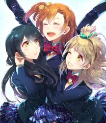  3girls :d :o ;d ^_^ arms_up blazer blue_hair blush bow bowtie brown_hair cheering closed_eyes commentary_request grin hairbow hand_in_own_hair jacket kosaka_honoka long_hair long_sleeves love_live! love_live!_school_idol_project meiko_(puua) minami_kotori multiple_girls one_eye_closed one_side_up open_mouth orange_hair otonokizaka_school_uniform parted_lips plaid plaid_skirt pleated_skirt red_bow red_bowtie school_uniform skirt smile sonoda_umi teeth victory victory_pose yellow_eyes 