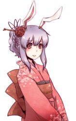  alternate_hairstyle animal_ears brown_eyes commentary_request female flower hair_flower hair_ornament hair_up hairpin japanese_clothes kimono light_purple_hair rabbit_ears reisen_udongein_inaba smile solo touhou upper_body urita_(vivivinicol) v_arms 