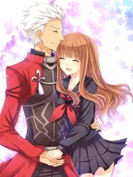  1boy archer_(fate) bad_id bad_pixiv_id brown_hair couple fate/extra fate_(series) female hinano kishinami_hakuno_(female) long_hair school_uniform straight tsukumihara_academy_uniform_(fate/extra_ccc) 