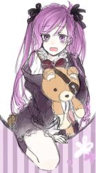  bags_under_eyes blush bow bowtie calf_socks diabolik_lovers eyepatch female hair_ribbon long_hair open_jacket open_mouth purple_eyes purple_hair ribbon rule_63 sakamaki_kanato school_uniform socks stuffed_animal stuffed_toy tears teddy_(diabolik_lovers) teddy_bear twintails uniform 