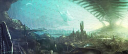  bad_id bad_pixiv_id bridge building city cityscape fish hattori_arno lake landscape no_humans original outdoors photoshop_(medium) scenery science_fiction skate skyscraper underwater water window 