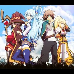  1boy 3girls aqua_(kono_subarashii_sekai_ni_shukufuku_wo!) aqua_(konosuba) boots darkness_(kono_subarashii_sekai_ni_shukufuku_wo!) kono_subarashii_sekai_ni_shukufuku_wo! megumin multiple_girls satou_kazuma stuff sword thigh_boots thighhighs weapon 