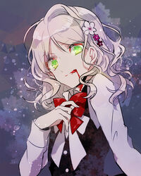  blonde_hair blood bow bowtie cordelia_(diabolik_lovers) diabolik_lovers flat_chest glowing glowing_eyes green_eyes hair_ornament hairpin komori_yui licking licking_lips looking_at_viewer school_uniform small_breasts tongue tongue_out uniform 