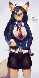  3doss absurd_res anthro belt big_breasts black_hair blue_eyes bottomwear breasts canid canine clothed clothing clothing_lift collar female fox hair hi_res long_hair looking_at_viewer mammal necktie school_uniform shirt shirt_lift shorts simple_background skirt solo spandex spandex_shorts tight_bottomwear tight_clothing tight_shorts topwear translucent translucent_clothing translucent_hair underwear uniform 