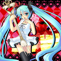  aqua_eyes aqua_hair bow cake commentary_request dress female finger_to_mouth food fork hair_ribbon hairbow hal_(harun) hatsune_miku long_hair oversized_object photoshop_(medium) ribbon solo thighhighs tongue twintails very_long_hair vocaloid world_is_mine_(vocaloid) 