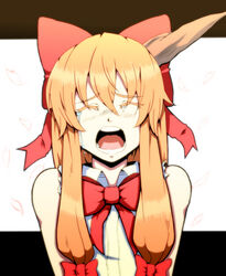  bow cherry_blossoms closed_eyes colored_eyelashes commentary_request crying female fujimako hairbow highres horns ibuki_suika long_hair open_mouth orange_hair single_horn solo tears touhou upper_body 