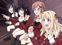  4girls ayase_miya black_hair blonde_hair blush bow bowtie clenched_hands commentary_request cowboy_shot emphasis_lines gaijin_4koma_(meme) glasses hair_ornament hair_ribbon hairband kitajima_kaede long_hair lowres matsubara_yuuna meme multiple_girls nonbi open_mouth parody ribbon sawaguchi_mai school_uniform serafuku short_hair skirt smile sono_hanabira_ni_kuchizuke_wo st._michael&#039;s_school_uniform upper_body 