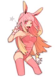  ;d animal_ears bad_id bad_pixiv_id breasts cleavage fate/grand_order fate_(series) female gloves long_hair looking_at_viewer medium_breasts one_eye_closed open_mouth pink_eyes pink_hair pink_thighhighs playboy_bunny rabbit_ears rabbit_girl riyo_servant_(bunnygirl)_(fate) simple_background smile solo thighhighs w white_background wonakira 