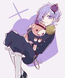  1boy bags_under_eyes capri_pants crown diabolik_lovers hug lavender_hair looking_at_viewer military_uniform pants pantyhose purple_background purple_eyes sakamaki_kanato simple_background smile socks solo stuffed_animal stuffed_toy teddy_(diabolik_lovers) teddy_bear 