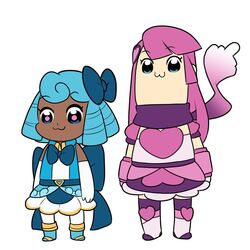  2girls bkub_(style) blue_eyes blue_hair bow chibi commentary dark-skinned_female dark_skin english_commentary heart heartful_punch kokoro_aichi mary_cagle multiple_girls parody pink_hair poptepipic scarf sleepless_domain undine_wells 