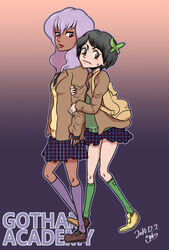  2girls backpack bag batman_(series) blazer copyright_name dark_skin dc_comics gotham_academy gradient gradient_background green_legwear maps_mizoguchi multiple_girls olive_silverlock plaid plaid_skirt pleated_skirt purple_hair purple_legwear red_eyes school_uniform short_hair simple_background skirt socks sweater_vest yellow_shoes 