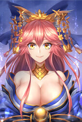  airysher animal_ears bell blue_ribbon bow breasts cleavage collarbone commentary_request fate/grand_order fate_(series) female fox_ears hair_between_eyes hair_ribbon hairbow highres japanese_clothes large_breasts looking_at_viewer off_shoulder official_alternate_costume pink_hair ribbon smile solo tamamo_(fate) tamamo_no_mae_(fate/extra) tamamo_no_mae_(third_ascension)_(fate) yellow_eyes 